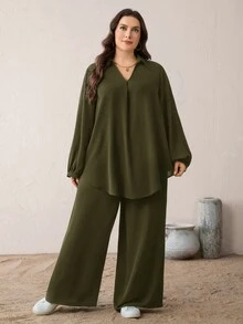 SHEIN Essnce طقم نسائي مقاس كبير بلون موحد، قميص بياقة وأكمام طويلة وبنطال واسع الساق، كاجوال من قطعتين للخروج والعطلات في فصل الخريف، باللون الأخضر الزيتوني - أخضر عسكري - مشاهدة 4