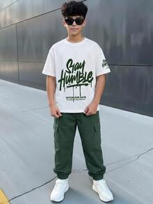 Tween Boy Letter Print Kids Short Sleeve T-Shirt And Long Pants Casual Daily Outfit - Multicolor - View 6