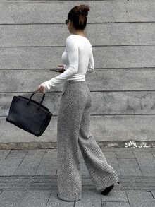 Livesso Women's Elegant Business Casual Wide Leg Loose Long Pants With Faux Pocket Design Fall Work Office Black And White - Dark Grey - View 2
