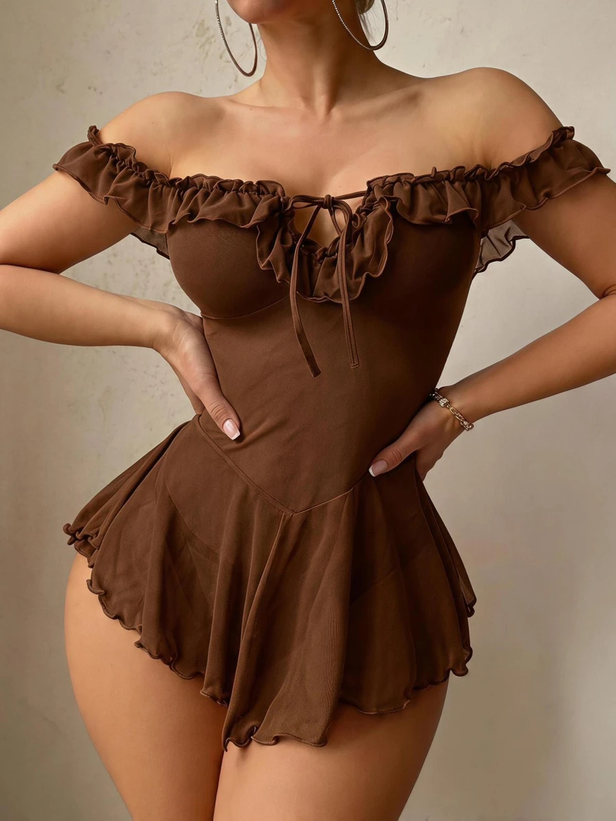 SHEIN Sexy Mesh Off-Shoulder Ruffle Deep V-Neck Tie-Up Dress 2-Piece Set - Brown - View 1