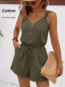SHEIN Frenchy 女款休閒極簡橄欖綠鈕扣連身褲 - 軍綠色 - 查看 6
