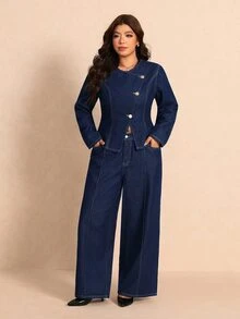 Elaquor Plus Size Autumn Casual Commute Jacket & Jeans 2 Pieces Set, Fall Winter Outfits For Women, Asymmetrical Denim Set, Office, Business, Commuter Set. - Blue - View 5
