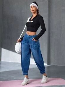 Flexra Petite Women's Pleated Design Tapered Casual Versatile Denim Long Pants - Dark Wash - View 6
