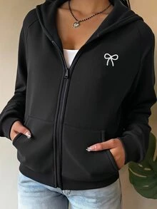 SHEIN 青少年女孩蝴蝶結刺繡圖案拉鍊連帽衛衣 - 黑色 - 查看 1