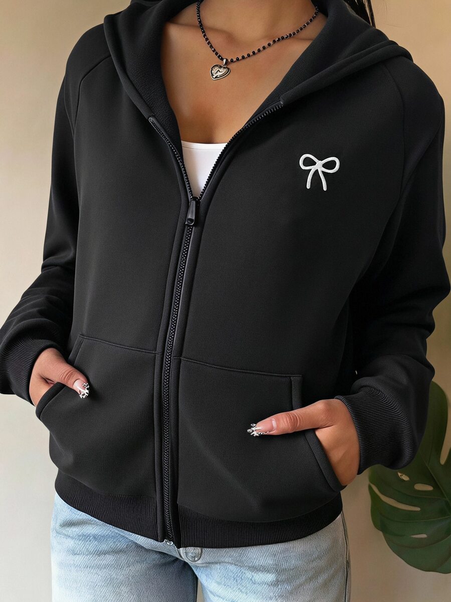 SHEIN 青少年女孩蝴蝶結刺繡圖案拉鍊連帽衛衣 - 黑色 - 查看 1