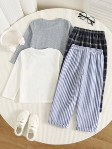 SHEIN 兒童小男孩極簡純色圓領長袖T恤 + 梭織格紋寬鬆休閒長褲 4件套睡衣套裝，柔軟舒適休閒居家睡衣套裝 2件組，適合四季穿著 - 彩色 - 查看 2