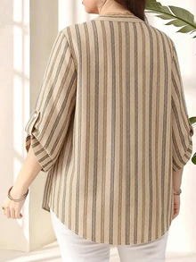 EMERY ROSE Khaki Striped Plus Size Shirt Suitable For Spring And Autumn - Multicolor - View 2