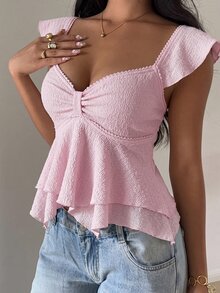 SHEIN EZwear Women's Solid Color Sweetheart Neckline Short Flutter Sleeve Ruffle Hem Top - Pink - View 3