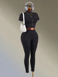 Amplova-E Women's Black Stand Collar Short Sleeve Slim Fit Knit Jacket + Tight Base Layer Long Straight Leg Sports Set Gym Workout Autumn Athleisure - Black - View 3