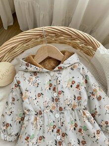 SHEIN 女嬰花卉可愛秋冬百搭保暖內裡連帽夾克 - 綠色 - 查看 5