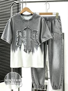 SHEIN 青少年男孩字母印花短袖T恤與長褲休閒日常穿搭套裝 - 灰色 - 查看 4