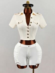 SHEIN Women's Solid Color Short Sleeve Single-Breasted Casual Denim Jacket - White - View 7