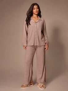 Lazeform Super Soft Ribbed Women's Plus Size Pajama Set Casual Loungewear - Pink - View 7