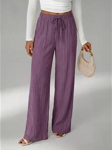 SHEIN Tall Loose Drawstring Waist Trousers In Textured Crinkle Fabric - Violet Purple - View 4