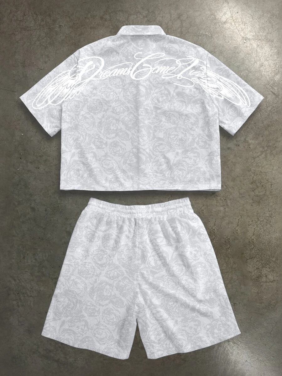 Manfinity ZONE917 Men's Letter Print Cropped Loose Shirt And Shorts Set - Grey - View 1