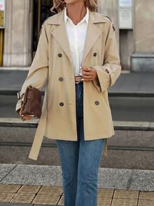 SHEIN Clasi Mantel Trench Panjang Sedang dengan Lapisan Termal yang Mengencangkan Pinggang, Nyaman dan Elegan - Khaki - View 3