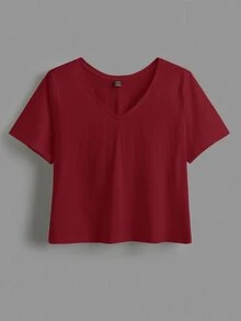 SHEIN BASICS 大尺碼純色V領短版T恤女款夏季上衣套裝 - 酒紅色 - 查看 6