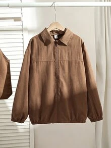 SHEIN 青少年女孩休閒拉鍊長袖外套，適合日常穿著與度假 - 棕色 - 查看 6
