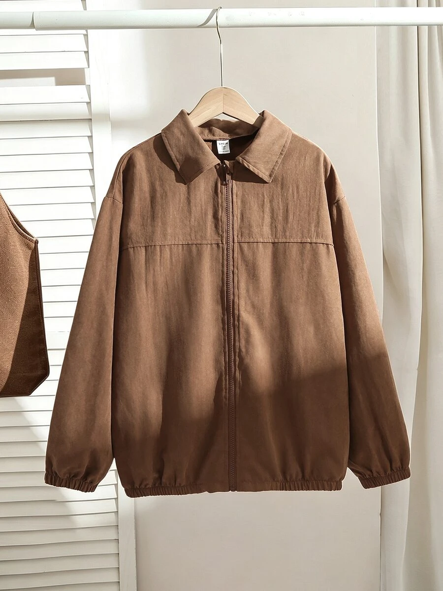 SHEIN Jaket Lengan Panjang Kasual dengan Resleting untuk Remaja Perempuan, Cocok untuk Pemakaian Sehari-hari dan Liburan - Coklat - View 1