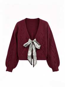 SHEIN Women's V-Neck Twisted Rope Shoulder Paisley Ribbon Tie Long Sleeve Cardigan Sweater - Burgundy - View 7