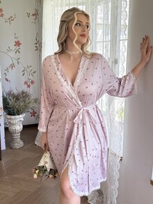 CottageSlumber Jubah Santai Rajut Motif Ceri Berenda Ukuran Besar untuk Wanita dengan Tali Pengikat di Depan - MultiWarna - View 8