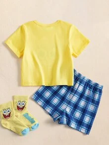 SpongeBob SquarePants | SHEIN 男嬰卡通印花上衣與格紋短褲家居服套裝 - 黃色 - 查看 2