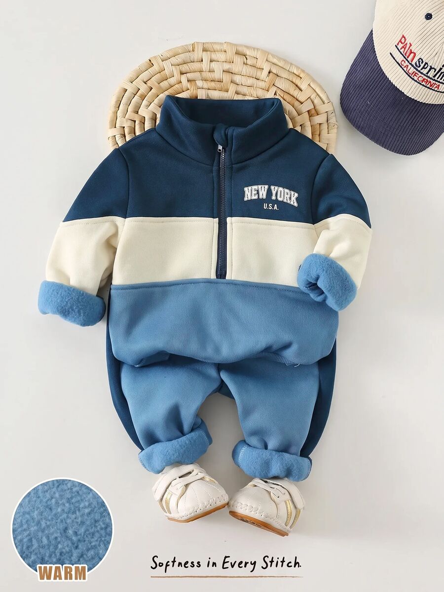 Cozy Pixies 男嬰拼接撞色字母印花圓領半拉鍊長袖套頭衛衣與鬆緊腰收口長褲2件套 - 藍色 - 查看 1