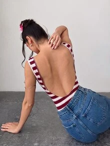 Firerie 女款條紋拼接露背休閒上衣 - 酒紅色 - 查看 4