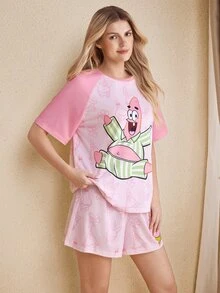 SpongeBob SquarePants | SHEIN Women's Raglan Short Sleeve T-Shirt And Shorts Loungewear Set - Baby Pink - View 5