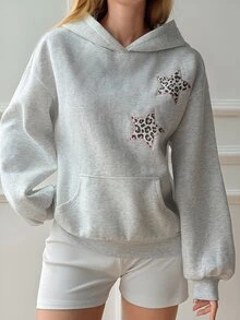 Livesso Sweatshirt Berkerudung Lengan Panjang Bordir Motif Leopard untuk Wanita, Cocok untuk Liburan Musim Gugur - Grey - View 3