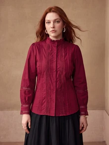 MOTF PREMIUM PLUS SIZE WOMEN'S FRILL TRIM STAND COLLAR CONTRAST LACE BLOUSE FALL - Burgundy - View 6