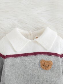 Cozy Pixies Romper Rajut Musim Gugur untuk Bayi Baru Lahir, Motif Patchwork Bertekstur, Blok Warna, Garis-garis, Kerah, dan Pola Beruang Kartun - Burgundy - View 11