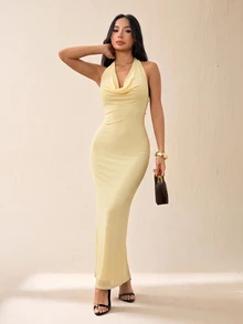 SHEIN PETITE 女款純色網紗垂領披領優雅約會晚禮服長洋裝，度假風秋冬節慶穿搭 - 淡黃色 - 查看 8