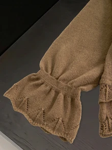 Muvela Women's Brown Scalloped Hem Sweater Pointelle Open Knit Bell Sleeve Flared Cuff Ribbed CrewNeckDropShoulderLooseFit ElegantPulloverKnitwearfall/Winter - Brown - View 6