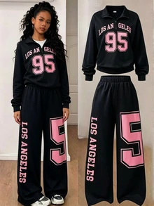 SHEIN Sparklyn 青少年女孩連帽衫與運動衫套裝 - 黑色 - 查看 1