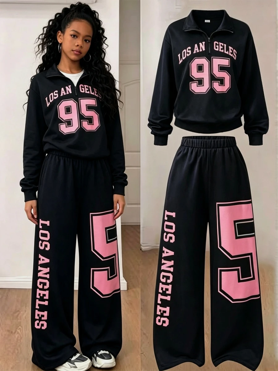 SHEIN Sparklyn 青少年女孩連帽衫與運動衫套裝 - 黑色 - 查看 1