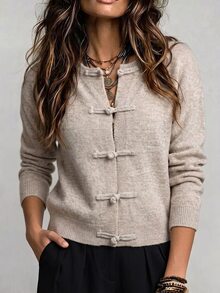 Elenzga Women's Versatile Daily Frog Button Fashion Knit Cardigan - Grey - View 1
