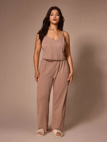 Lazeform Plus Size Textured Knit 3 PiecesLoungewear Set, Minimalist V-Neck Cardigan, Camisole And Pajama Pants - Khaki - View 7