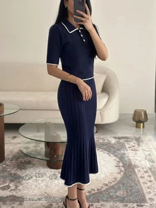 Modelyn POLO Collar Button-Up Slim Fit Waist-Cinching Navy Blue Short Sleeve 2 Pieces Knit Sweater Set - Royal Blue - View 6