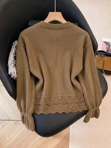 Muvela Women's Brown Scalloped Hem Sweater Pointelle Open Knit Bell Sleeve Flared Cuff Ribbed CrewNeckDropShoulderLooseFit ElegantPulloverKnitwearfall/Winter - Brown - View 2