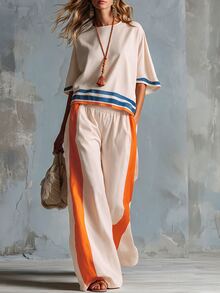 LUMIGAL Women's Colorblock Top And Pants Casual Daily 2 Pieces Set - Apricot - View 1
