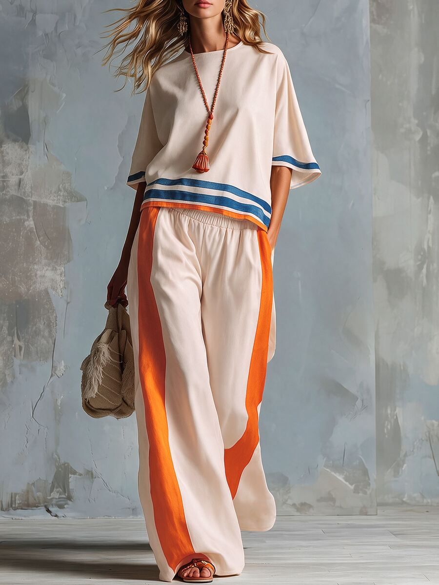 LUMIGAL Women's Colorblock Top And Pants Casual Daily 2 Pieces Set - Apricot - View 1