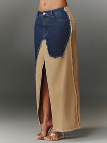 NYA SZN Women's Colorblock Pocket Frayed Hem Split Denim Skirt - Multicolor - View 4