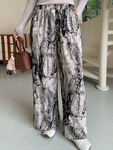 Dazy Plus Plus Size Women's Ink Painting Print Loose Casual Wide Leg Pants, New Early Autumn Style - Grey - View 4