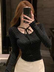 DAZY 女款夏季圓領波點布料綁帶短袖休閒套頭T恤 - 黑色 - 查看 3