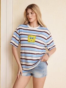 SpongeBob SquarePants | SHEIN تي شيرت نسائي كاجوال يومي بطبعة كرتونية مخططة - الأزرق - مشاهدة 3