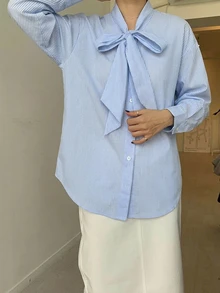 DAZY 休閒通勤條紋領口領帶長袖襯衫 - 藍色 - 查看 5