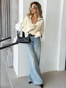 SHEIN New Autumn/Winter Long Sleeve Turn-Down Collar Women's Knit Sweater - Apricot - View 3