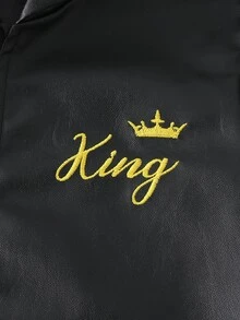 SHEIN 男童新款活力黑色PU皮革長袖連帽拉鍊開襟外套，時尚刺繡圖案，舒適面料，修身剪裁，秋冬新款，適合多季節與多場合，兒童套裝，小男孩夏秋套裝 - 黑色 - 查看 4