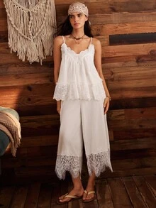 Lullawish Women's Solid Color Waist Tie Contrast Lace Wide Leg Pajama Pants - White - View 6